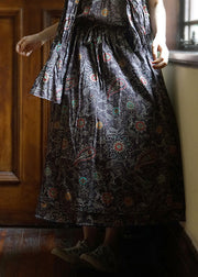 Women Black elastic waist drawstring Print Patchwork Cotton Skirt Spring