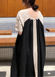 Women Black side open Patchwork Dress Short Sleeve
