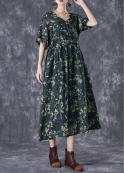Women Blackish Green Cinched Print Linen Maxi Dress Summer
