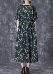 Women Blackish Green Cinched Print Linen Maxi Dress Summer