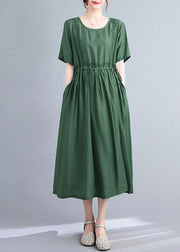 Women Blackish Green Embroidered Cinched Linen Silk Dress Summer