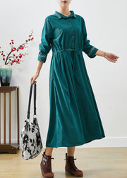 Women Blackish Green Embroidered Corduroy Cinched Dresses Fall
