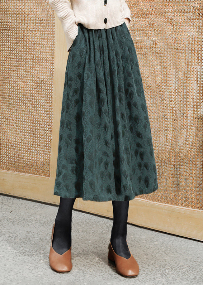 Women Blackish Green Jacquard Exra Large Hem Cotton Skirts Spring
