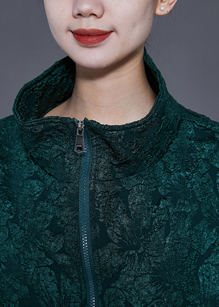 Women Blackish Green Oversized Jacquard Cotton Coat Bracelet Sleeve