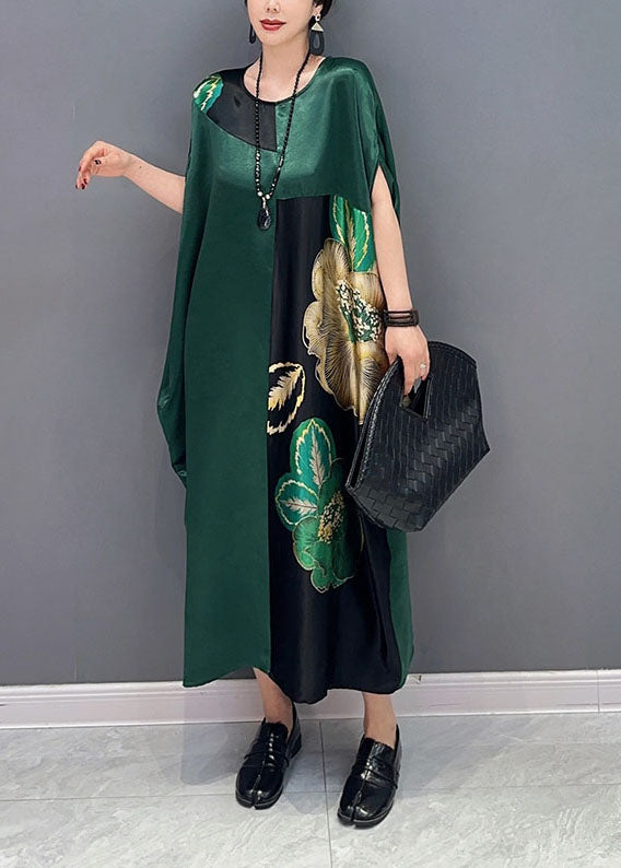 Women Blackish Green Oversized Patchwork Print Silk Dress Batwing Sleeve
