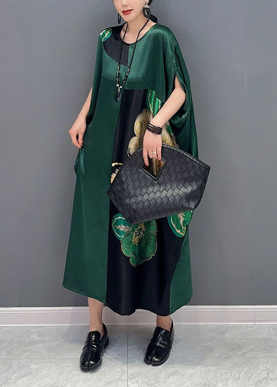 Women Blackish Green Oversized Patchwork Print Silk Dress Batwing Sleeve