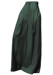 Women Blackish Green Pockets High Waist Patchwork Cotton Wide Leg Pants Fall