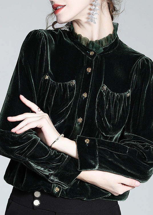 Women Blackish Green Stand Collar Button Silk Velour Shirt Long Sleeve