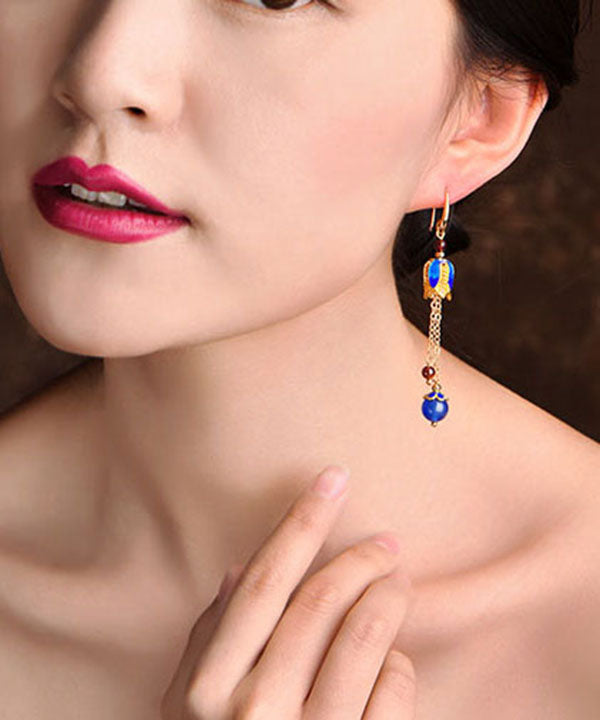 Frauen Blauer Achat Cloisonne Quaste 14K Gold Tropfen Ohrringe