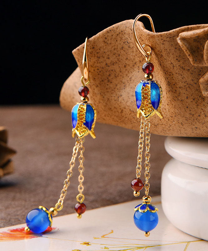 Women Blue Agate Cloisonne Tassel 14K Gold Drop Earrings