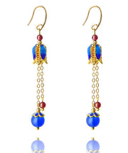 Women Blue Agate Cloisonne Tassel 14K Gold Drop Earrings