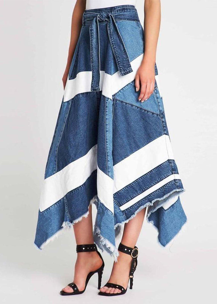 Women Blue Asymmetrical Patchwork Denim A Line Skirts Summer