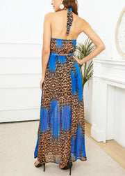 Frauen blau rückenfrei Leopardenmuster Chiffon sexy lange Kleider Vestidos Sommer