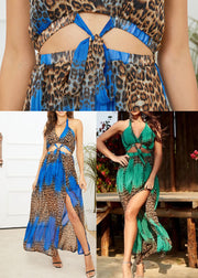 Women Blue Backless Leopard Print Chiffon Sexy Long Dresses Vestidos Summer
