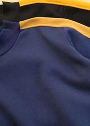 Women Blue Blouse High Neck Patchwork Box Spring Shirt - SooLinen
