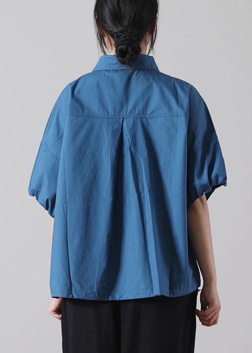 Women Blue Cinched Cotton Short Sleeve Shirts - SooLinen