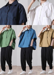 Women Blue Cinched Cotton Short Sleeve Shirts - SooLinen