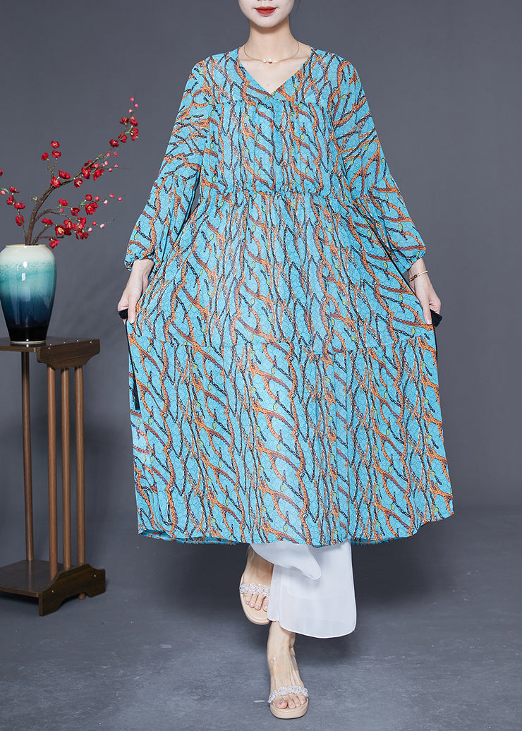 Women Blue Cinched Print Chiffon Holiday Dress Spring