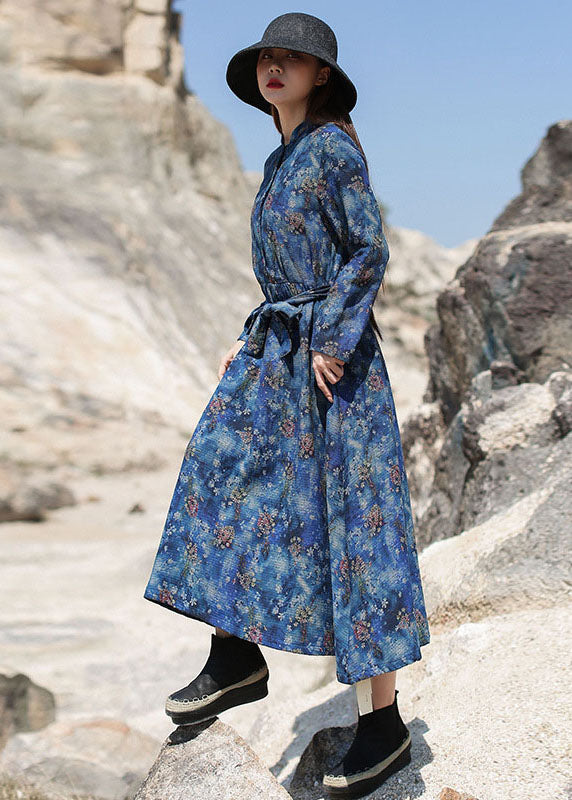 Women Blue Cinched Print Long Dresses Spring