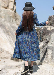 Frauen Blau Cinched Print Lange Kleider Frühling