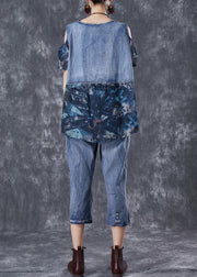 Women Blue Cold Shoulder Patchwork 2 Piece Outfit Summer