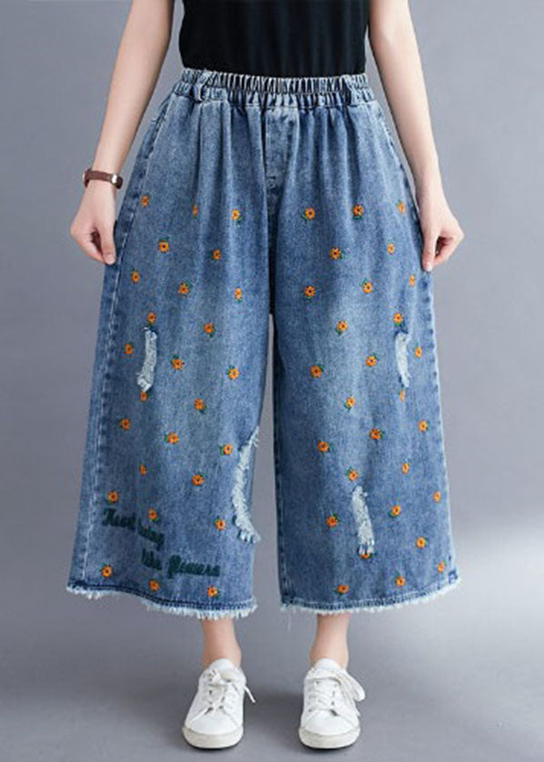 Women Blue Daisy Embroidered Pockets Cotton Denim Straight Pants Summer