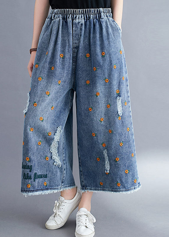 Women Blue Daisy Embroidered Pockets Cotton Denim Straight Pants Summer