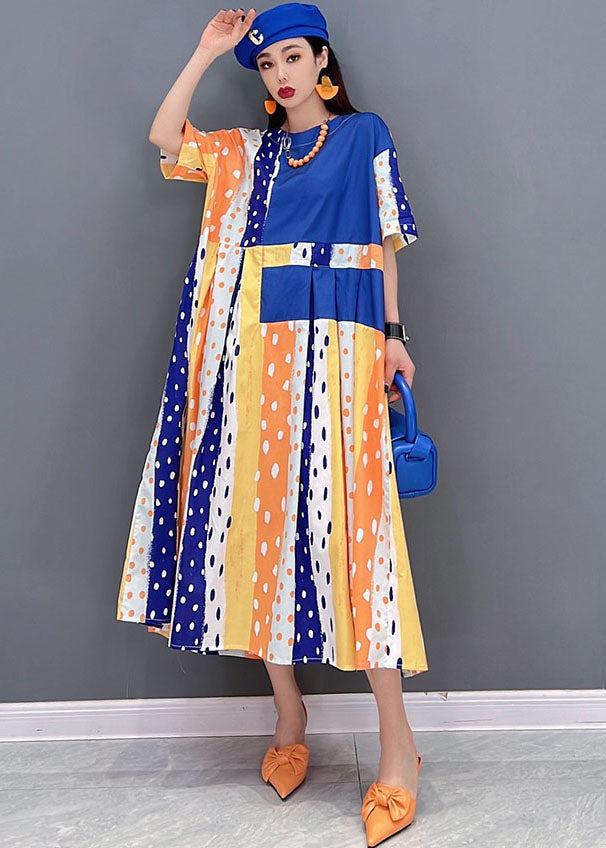 Frauen Blau Punktdruck Patchwork Baumwolle Plissee Langes Kleid Kurzarm