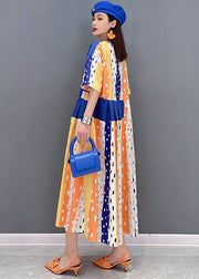 Frauen Blau Punktdruck Patchwork Baumwolle Plissee Langes Kleid Kurzarm