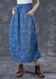 Women Blue Elastic Waist Print Denim Skirts Summer
