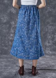 Women Blue Elastic Waist Print Denim Skirts Summer