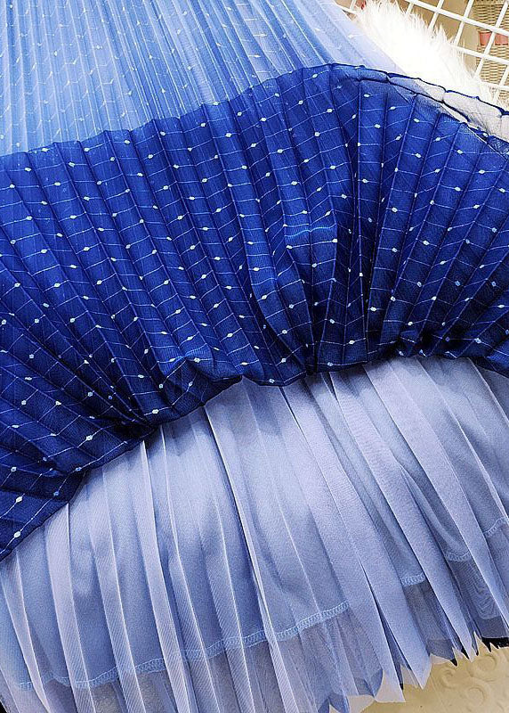 Women Blue Elastic Waist Sequins Gradient Color Tulle Pleated Skirt Spring