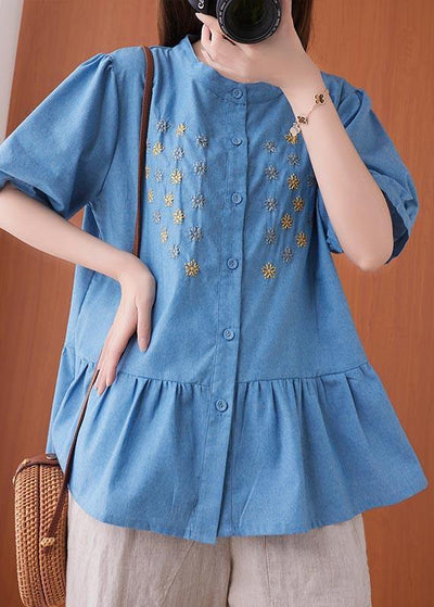 Women Blue Embroideried O-Neck Cotton Summer Shirts - SooLinen