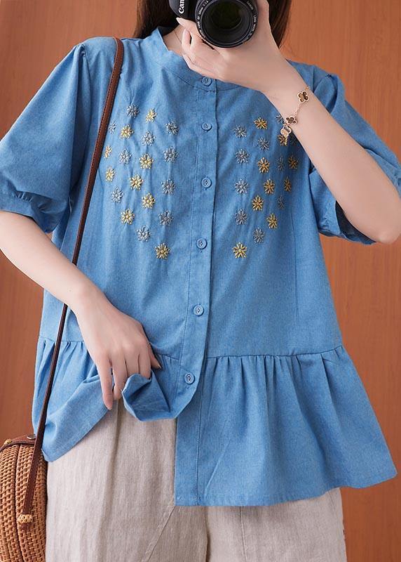 Women Blue Embroideried O-Neck Cotton Summer Shirts - SooLinen