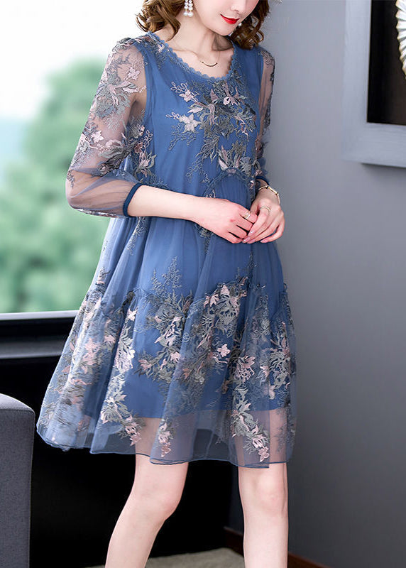 Women Blue Embroidered Patchwork Ruffled Tulle A Line Dress Summer