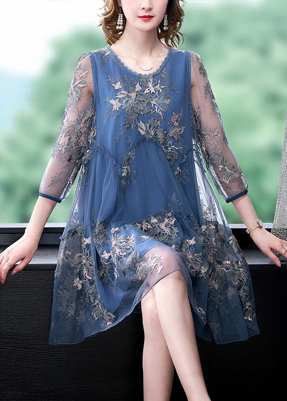 Women Blue Embroidered Patchwork Ruffled Tulle A Line Dress Summer