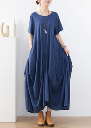 Frauen Blau Extra Große Saumtaschen Baumwolle Lange Kleider Kurzarm