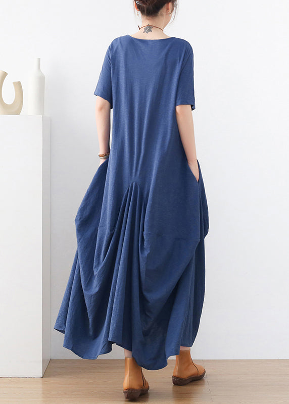 Frauen Blau Extra Große Saumtaschen Baumwolle Lange Kleider Kurzarm