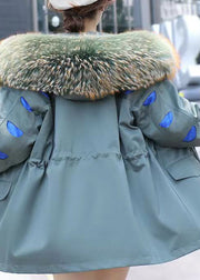 Women Blue Fur Collar Drawstring Pockets Patchwork Parka Long Sleeve