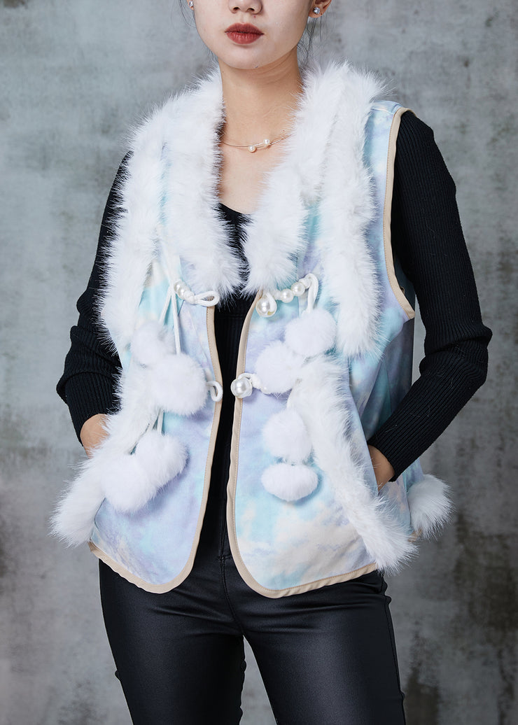 Women Blue Fuzzy Ball Decorated Patchwork Cotton Vest Tops Spring