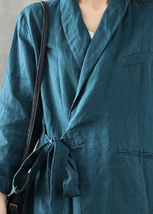 Frauen Blau Grün Peter Pan Kragen Krawatte Taille Leinen Mäntel Langarm