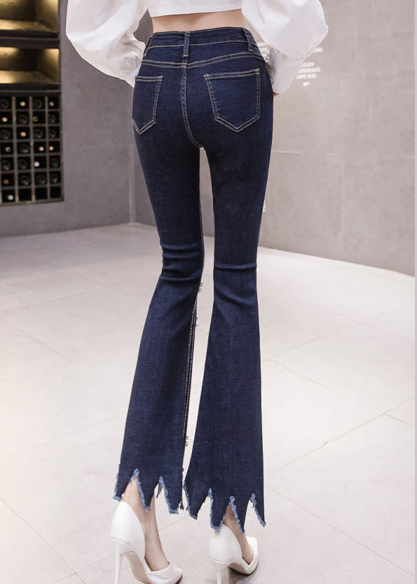 Women Blue High Waist Button Tassel Crop Jeans Spring
