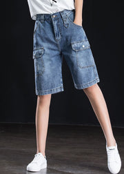 Women Blue High Waist Oversized Pockets Cotton Straight Shorts Summer