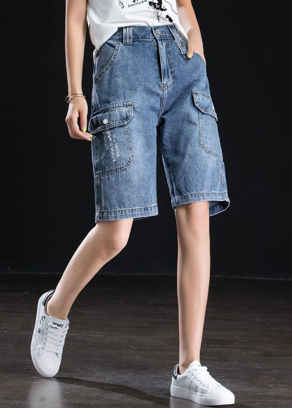 Women Blue High Waist Oversized Pockets Cotton Straight Shorts Summer