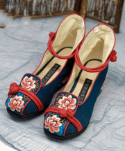 Frauen Blau High Wedge Heels Schuhe Wedge Embroideried Comfy Cotton Fabric Buckle Strap High Wedge Heels Schuhe