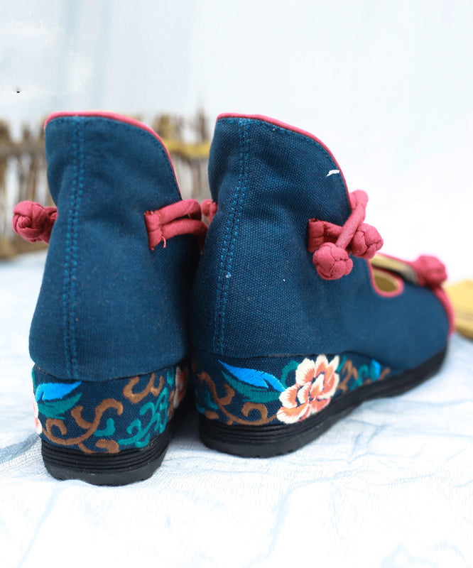 Women Blue High Wedge Heels Shoes Wedge Embroidered Comfy Cotton Fabric Buckle Strap High Wedge Heels Shoes