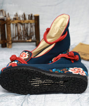 Women Blue High Wedge Heels Shoes Wedge Embroidered Comfy Cotton Fabric Buckle Strap High Wedge Heels Shoes