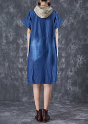 Women Blue Hooded Patchwork Pocket Denim Mid Dress Summer