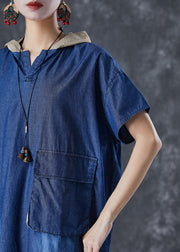 Women Blue Hooded Patchwork Pocket Denim Mid Dress Summer