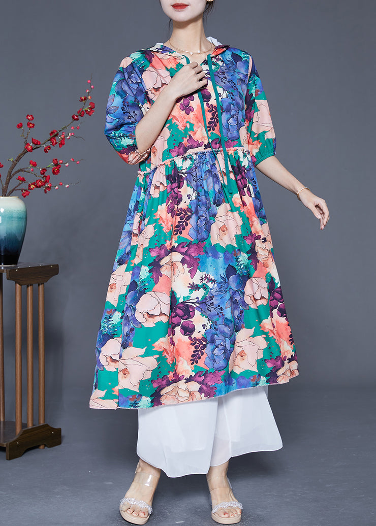 Women Blue Hooded Ruffled Print Silk Maxi Dresses Summer